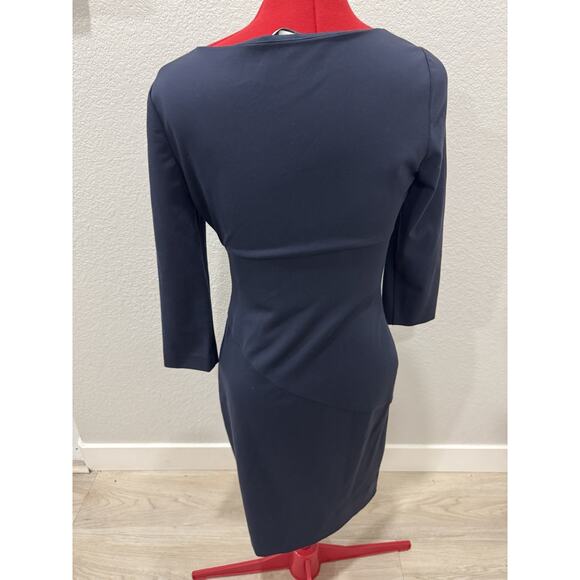 Elegant Navy Blue Sheath Dress Ruched V-Neck 3/4 Sleeve Cocktail Party - Picture 4 of 9